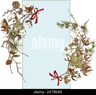 Hand drawn botanical sketch garland with christmas plants branches. Vintage engraving style. Traditional holiday decoration. For design festive card Stock Vector