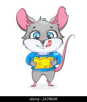 Rat holding cheese. Funny rat, cute cartoon character. Vector illustration on white background Stock Vector