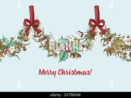 Hand drawn botanical sketch garland with color christmas plants Vintage engraving style illustration Seamless horizontal holiday pattern Stock Vector