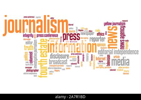 Journalism and press issues and concepts word cloud illustration. Word collage concept. Stock Photo