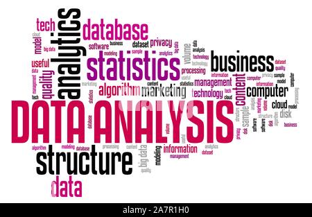 Data analysis - content analytics technology concept. Word cloud. Stock Photo