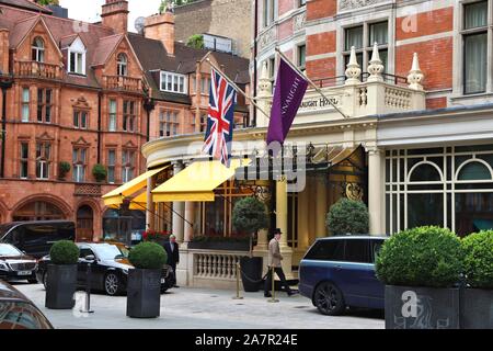 LONDON, UK - JULY 15, 2019: Connaught Hotel five star luxury hotel in Mayfair district, London. There are 45,000 hotels in the UK. Stock Photo