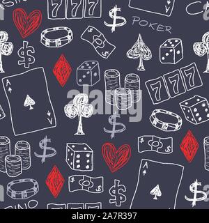 Doodle seamless background texture illustration - casino concepts with poker, dice and gambling. Stock Vector