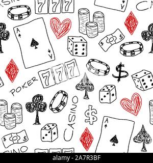 Doodle seamless background texture illustration - casino concepts with poker, dice and gambling. Stock Vector
