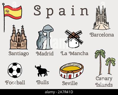 Spain landmarks collection - set of vector graphics with Madrid, Barcelona, Santiago de Compostela, Seville and football. Stock Vector