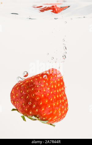 Strawberry falls deeply under water with a big splash. Fruit sinking in clear water on white background Stock Photo