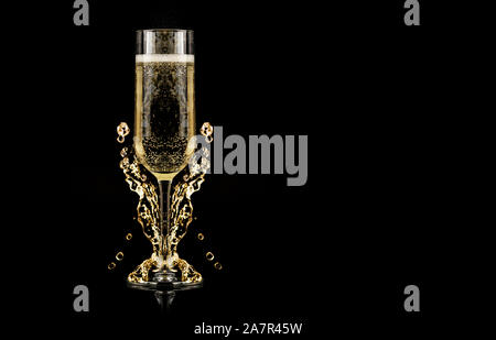 champagne glasses with splash on black background - new year celebration Stock Photo