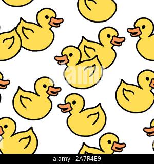 Yellow rubber ducky bath toy. Doodle style seamless texture. Stock Vector