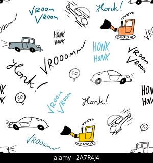 Children bedsheets vector - hand-drawn cartoon cars and helicopters doodle texture. Stock Vector