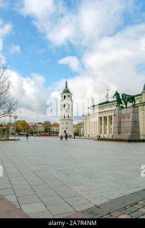 Vilnius, Lithuania - October, 2019 : The Cathedral Square in Vilnius with bell tower in front of the neo-classical Vilnius Cathedral Stock Photo