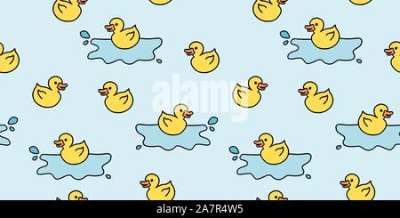 Yellow rubber ducky bath toy. Doodle style seamless background design. Stock Vector