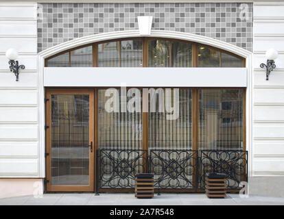 Blank white rectangular signboard with glass door mockup Stock Photo