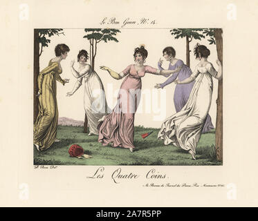 The four corners game of tag. Five merveilleuses in muslin dresses play the  game of four