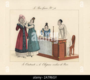 Old woman trying on a pink bonnet in front of three young shopgirls, 'Women appear to have sworn to lie about youth up to their last breath.' Handcoloured engraving from Pierre de la Mesangere's Le Bon Genre, Paris, 1817. Stock Photo