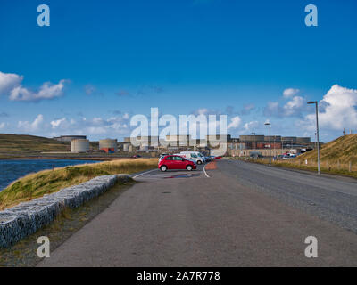 Sullom Voe Oil Terminal and Gas Plant in Shetland, UK - the plant handles production from oil fields in the North Sea and East Shetland Basin. The car Stock Photo