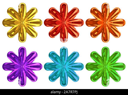 3d rendering. colorful Gloden Six pointed star with clipping path set collection isolated on white background. Stock Photo