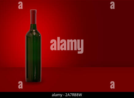 3d rendering.  red wine green bottle glass on red gradient wall background. Stock Photo