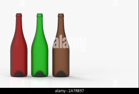 3d rendering. Empty red wine bottle glass row with clipping path isolated on white background. Stock Photo