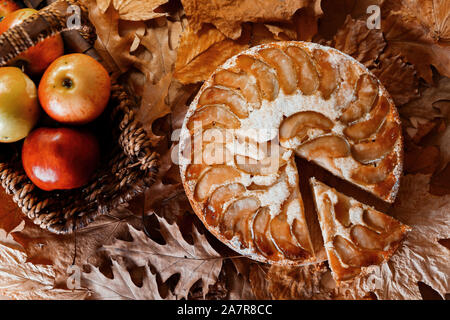 Freshly baked homemade apple pie near red apples in straw basket on yellow autumn leaves background. Woman hand holding piece of pie above plate, Rust Stock Photo