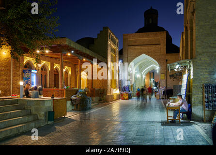 night shot of illuminated Toki Sarrafon, Ancient Trading Dome in Bukhara, Uzbekistan, Central Asia Stock Photo