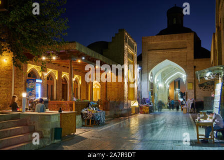 night shot of illuminated Toki Sarrafon, Ancient Trading Dome in Bukhara, Uzbekistan, Central Asia Stock Photo