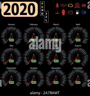 Calendar 2020 year from the car dashboard speedometer. Stock Vector