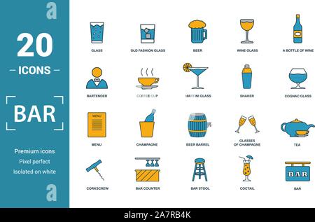 Bar - Restorant icon set. Include creative elements glass, beer, bartender, shaker, menu icons. Can be used for report, presentation, diagram, web Stock Vector