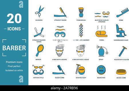 Barber Shop icon set. Include creative elements scissors, foam brush, straight razors cross, towel, mirror icons. Can be used for report, presentation Stock Vector