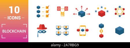Blockchain icon set. Include creative elements block, distribution, confirmation, anonymity, protocol icons. Can be used for report, presentation Stock Vector