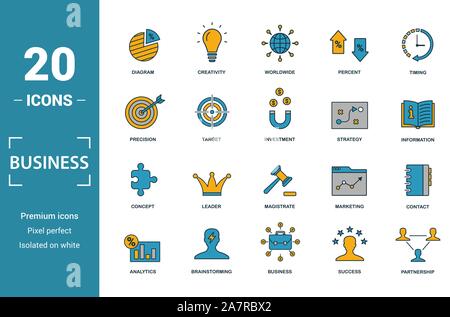 Business icon set. Include creative elements diagram, worldwide, precision, strategy, concept icons. Can be used for report, presentation, diagram Stock Vector