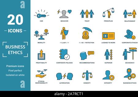 Business Ethics icon set. Include creative elements csr, trust, morality, license to work, profitability icons. Can be used for report, presentation Stock Vector