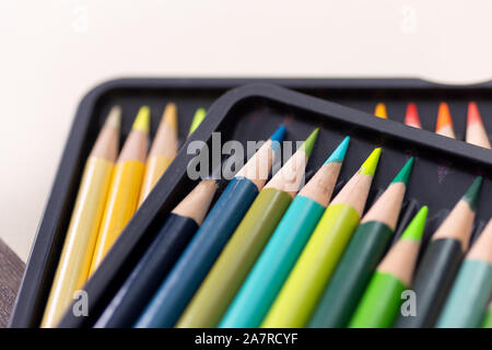 Stationary, Bunch of random colored pencils, close up macro. White background Stock Photo