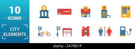 City transport elements set with public bus road signs trees traffic ...
