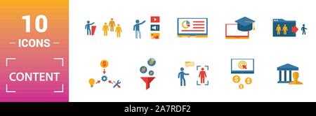 Content icon set. Include creative elements cost per click, crowdsourcing, curation, exit rate, gamification icons. Can be used for report Stock Vector