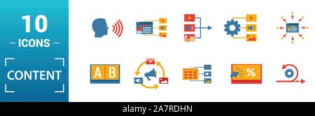 Content icon set. Include creative elements cms, content plan, digital content, viral marketing, media plan icons. Can be used for report Stock Vector