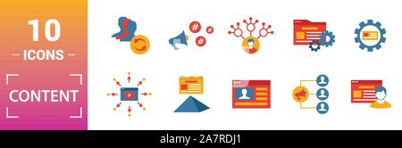 Content icon set. Include creative elements cms, content plan, digital content, viral marketing, media plan icons. Can be used for report Stock Vector