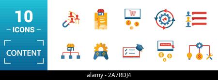Content icon set. Include creative elements cost per click, crowdsourcing, curation, exit rate, gamification icons. Can be used for report Stock Vector