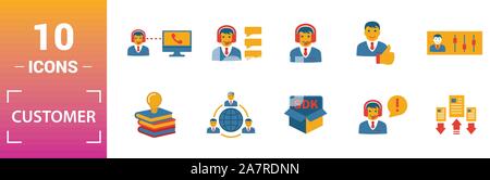 Customer Service icon set. Include creative elements agent console, case priority, satisfaction, helpdesk, knowledge base icons. Can be used for Stock Vector