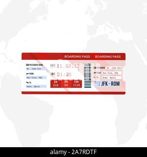 Airline boarding pass ticket on world map background. Concept template for travel, business trip or journey. Stock Vector