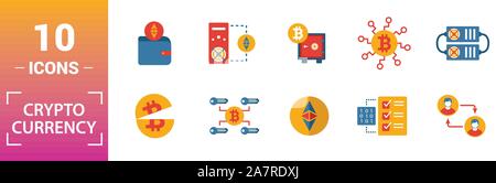 Crypto Currency icon set. Include creative elements decentralized, encrypted, ethereum wallet, node, halving icons. Can be used for report Stock Vector