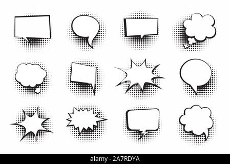 Retro empty comic bubbles and elements set with halftone shadows on white background. Vector illustration, vintage design, pop art style. Stock Vector