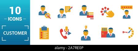 Customer Service icon set. Include creative elements agent console, case priority, satisfaction, helpdesk, knowledge base icons. Can be used for Stock Vector