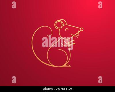 Golden Rat with smile, symbol of Chinese New Year 2020. Outline Rat Sign, festive Golden Mouse Silhouette on Red background. Chinese Zodiac of the Lun Stock Vector
