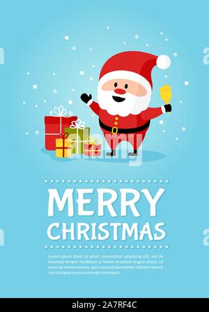 Santa Claus with bell and gift boxes poster. Merry Christmas and Happy New Year. Holiday greeting card. Isolated vector illustration. Stock Vector