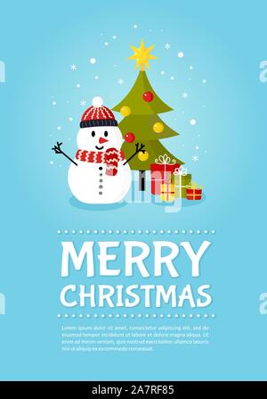 Snowman near Christmas tree with gifts poster. Merry Christmas and ...