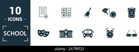 School icon set. Include creative elements school, bell, alphabet, history, art icons. Can be used for report, presentation, diagram, web design Stock Vector