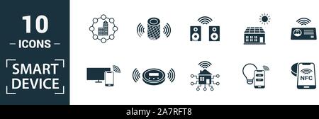 Smart Devices icon set. Include creative elements drone, smart car, smart house, solar battery roof, smart speaker icons. Can be used for report Stock Vector