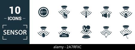 Sensor icon set. Include creative elements water quality sensor, smoke detector, gas, rain sensor, humidity sensor icons. Can be used for report Stock Vector