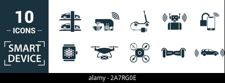 Smart Devices icon set. Include creative elements drone, smart car, smart house, solar battery roof, smart speaker icons. Can be used for report Stock Vector