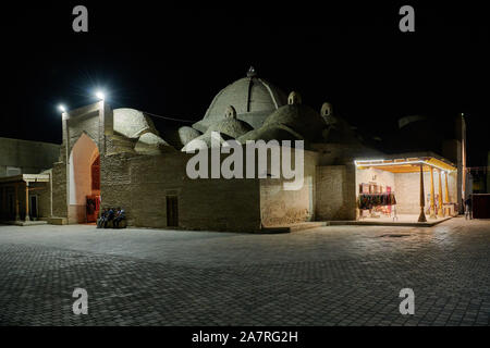 night shot of illuminated Toki Sargaron, Ancient Trading Dome in Bukhara, Uzbekistan, Central Asia Stock Photo